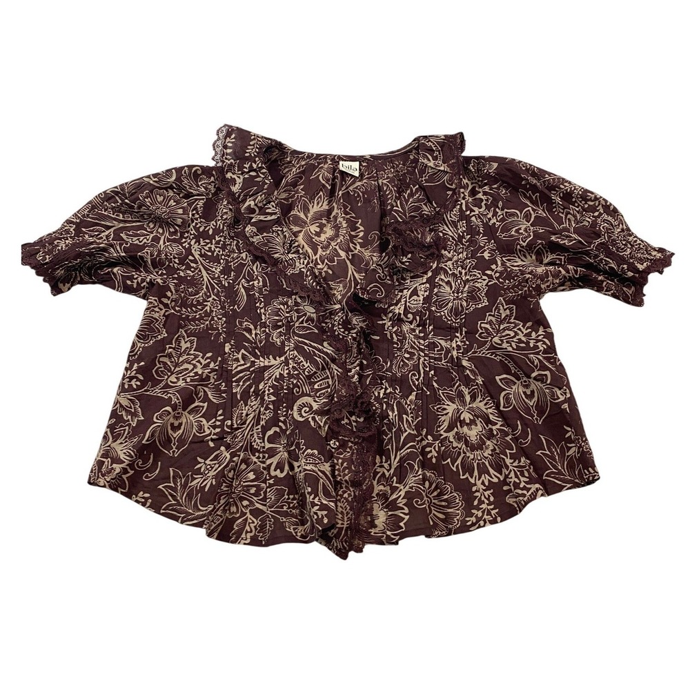 Bila Womens 100% Cotton Chocolate Floral Ruffle Lace Trim Cotton Blouse